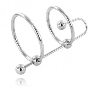 Double cockring en acier inox avec plug d'urètre et boule sperm-stopper