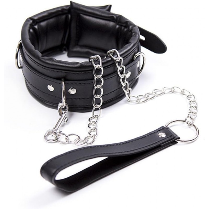 ❤ Colliers BDSM - Collier de soumission Cuir noir avec sa laisse