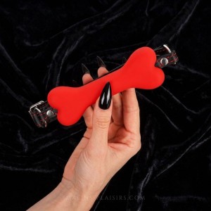 Mors BDSM os rouge pour pet play, un accessoire symbolique dédié aux jeux de rôle animaliers et au dressage.