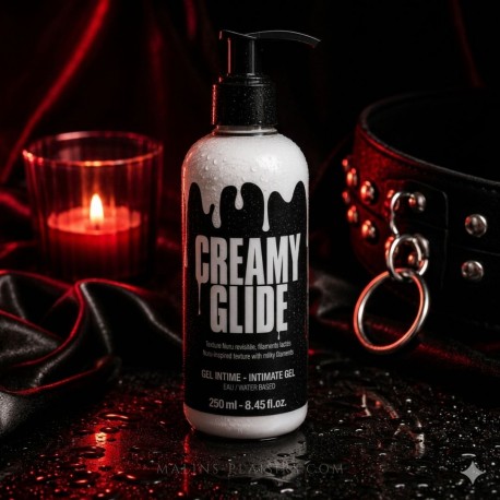 Creamy Glide 250 ml, gel intime effet sperme à la texture blanche et crémeuse en flacon pompe.